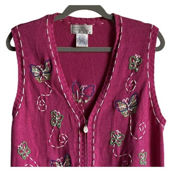 Mandal Bay VIntage Vest Butterfly Embroidered Grandmacore Teachercore Pink Zip L - Picture 2 of 6